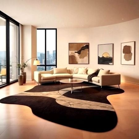 Handcrafted Abstract Black Marble Freeform Area Rug